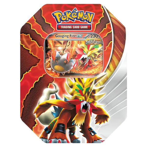 Pokémon TCG Paradox Destinies Tin featuring Gouging Fire ex